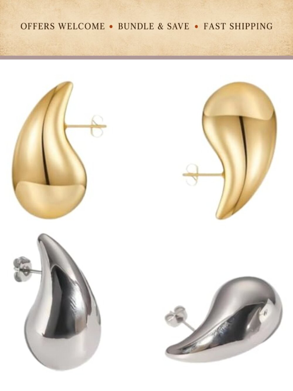 Chunky Gold Plated Teardrop Hoop Earrings Hypoallergenic Set for Women